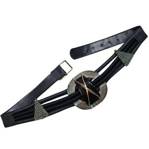 Leather Shop Vintage Black Multi Strand Cord Statement Belt Gold Buckle Triangle